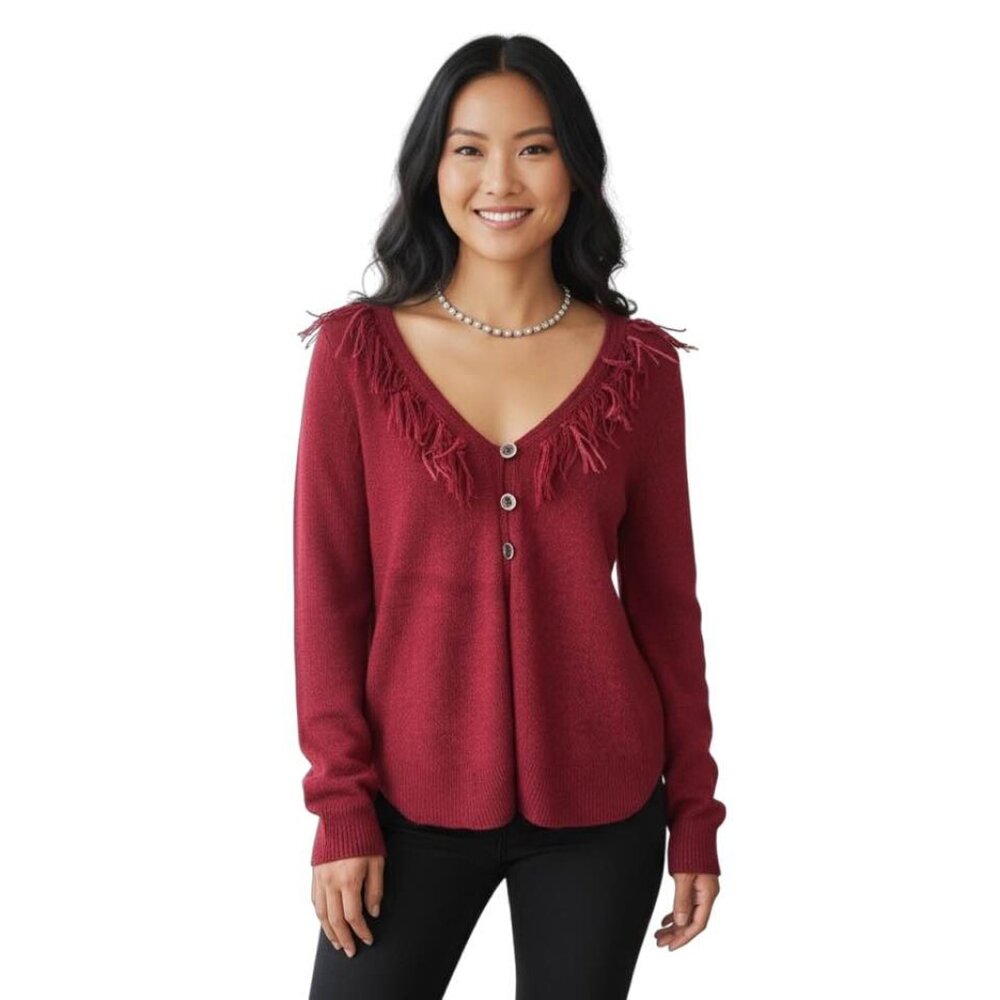 J Jill SZ Large Burgundy Fringe Silk Linen Rayon‎ Blend Cardigan Knit Lagenlook